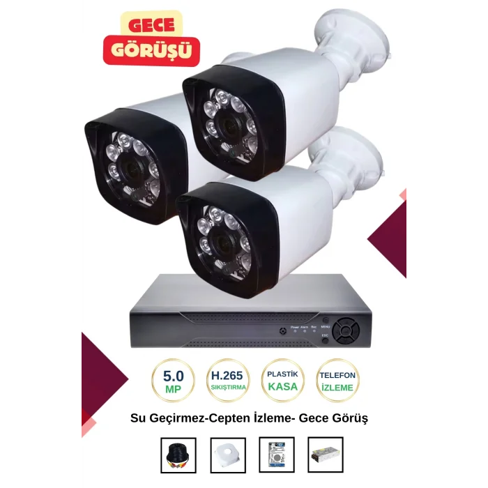 İrtech-3 Kameralı Güvenlik Kamera Seti Gece Görüşlü-Su Geçirmez-Tak Çalıştır G02