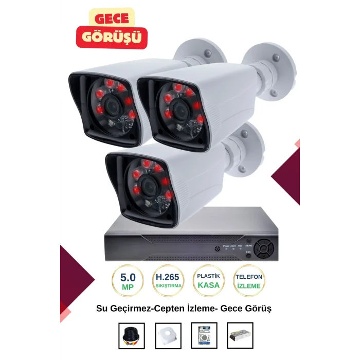 İrtech-3 Kameralı Güvenlik Kamera Seti Gece Görüşlü-Su Geçirmez-Tak Çalıştır G03