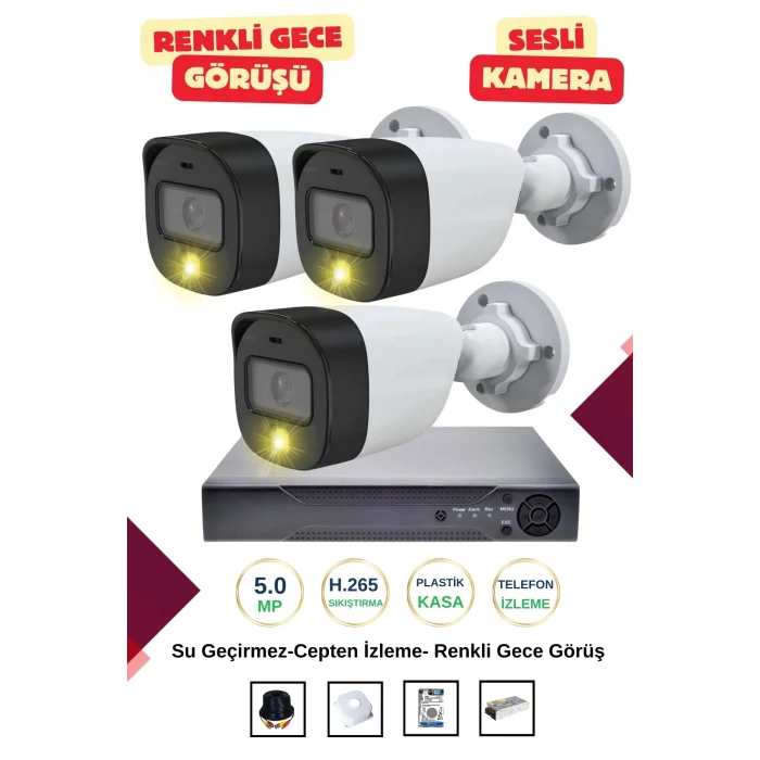 İrtech-3 Kameralı Güvenlik Kamera Seti Gece Renkli Görüşlü-Sesli-Su Geçirmez-Tak Çalıştır G06