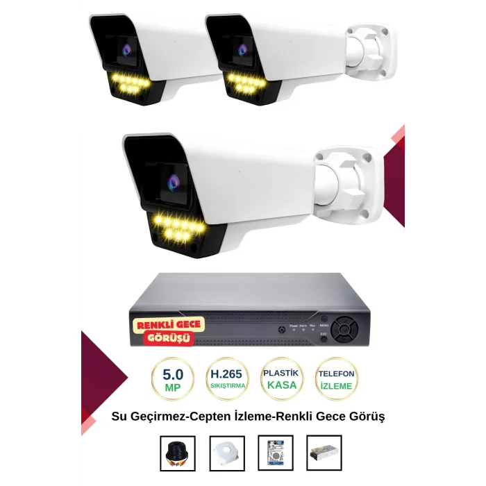 İrtech-3 Kameralı Güvenlik Kamera Seti Gece Renkli Görüşlü-Su Geçirmez-Tak Çalıştır G07