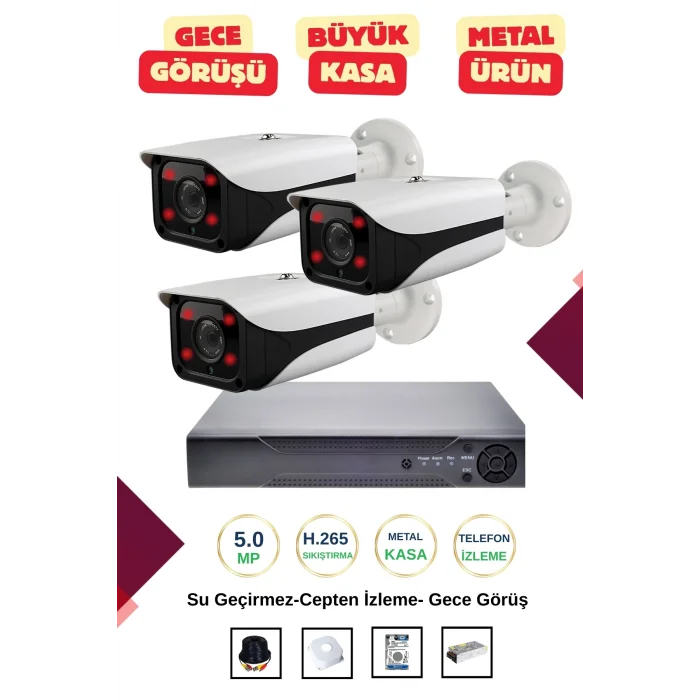 İrtech-3 Kameralı Güvenlik Kamera Seti Metal-Gece Görüşlü-Su Geçirmez-Tak Çalıştır G09