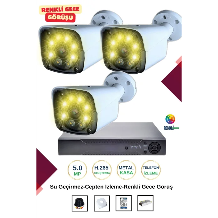 İrtech-3 Kameralı Güvenlik Kamera Seti Metal-Renkli Gece Görüşlü-Su Geçirmez-Tak Çalıştır G11