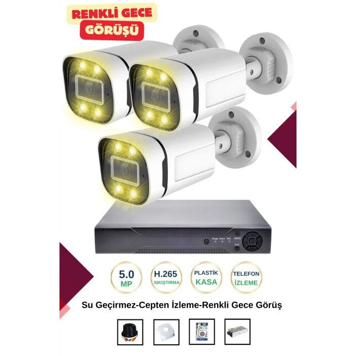 İrtech 3 Kameralı Güvenlik Kamera Seti -Renkli Gece Görüşlü-Su Geçirmez-Tak Çalıştır G12