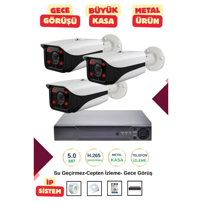 İrtech-3 Kameralı İp Güvenlik Kamera Seti Metal-Gece Görüşlü-Su Geçirmez-Tak Çalıştır G10