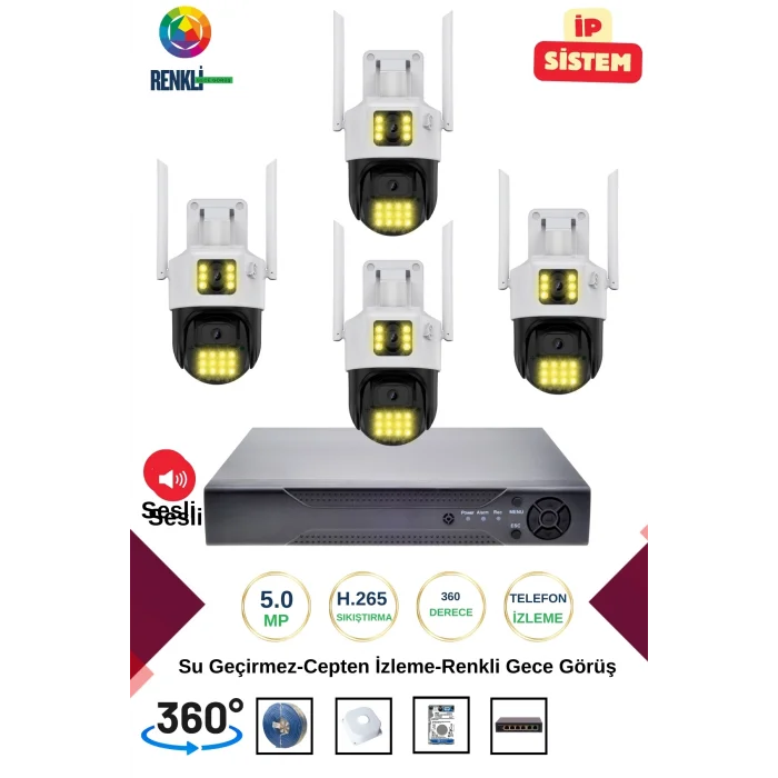 İrtech-4 Kameralı 360 Derece Sesli İp Güvenlik Kamera Seti Renkli Gece Görüş-Su Geçirmez GK01