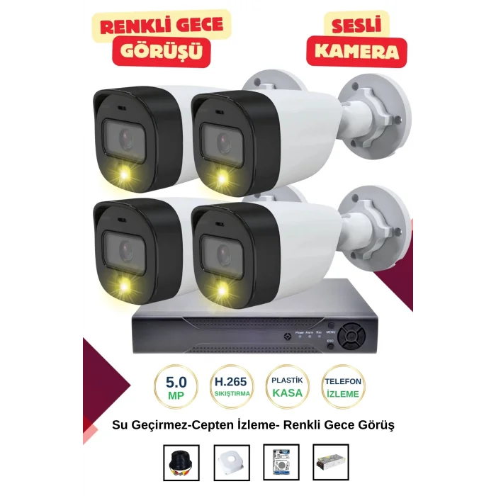 İrtech-4 Kameralı Güvenlik Kamera Seti Gece Renkli Görüşlü-Sesli-Su Geçirmez-Tak Çalıştır G06