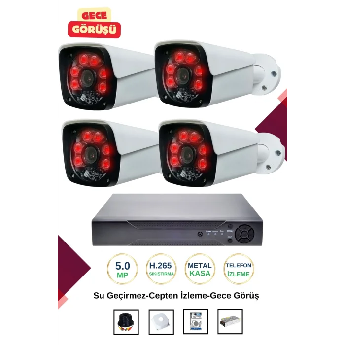 İrtech-4 Kameralı Güvenlik Kamera Seti Metal-Gece Görüşlü-Su Geçirmez-Tak Çalıştır G08