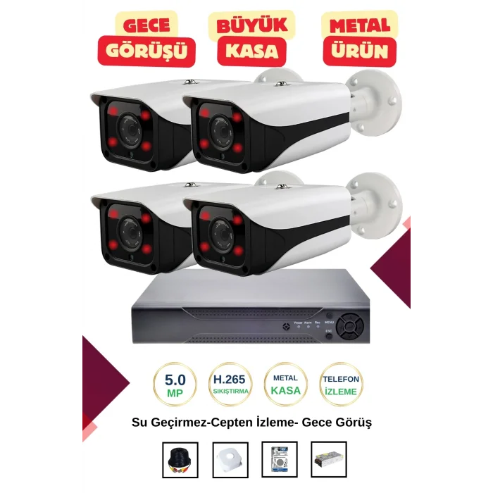 İrtech-4 Kameralı Güvenlik Kamera Seti Metal-Gece Görüşlü-Su Geçirmez-Tak Çalıştır G09