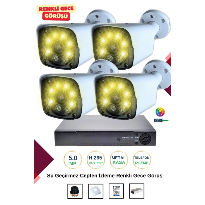 İrtech-4 Kameralı Güvenlik Kamera Seti Metal-Renkli Gece Görüşlü-Su Geçirmez-Tak Çalıştır G11