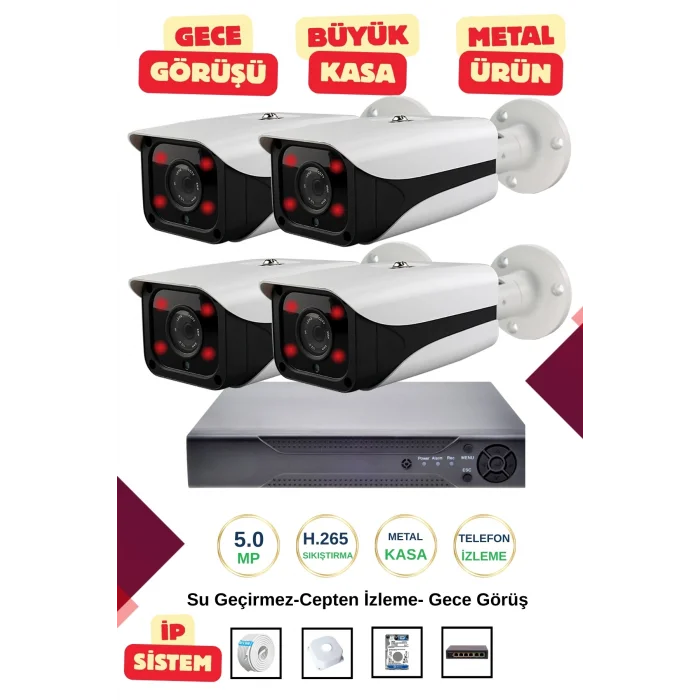 İrtech-4 Kameralı İp Güvenlik Kamera Seti Metal-Gece Görüşlü-Su Geçirmez-Tak Çalıştır G10