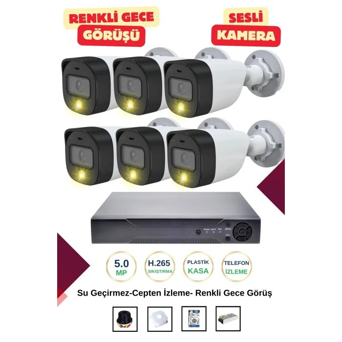 İrtech-6 Kameralı Güvenlik Kamera Seti Gece Renkli Görüşlü-Sesli-Su Geçirmez-Tak Çalıştır G06