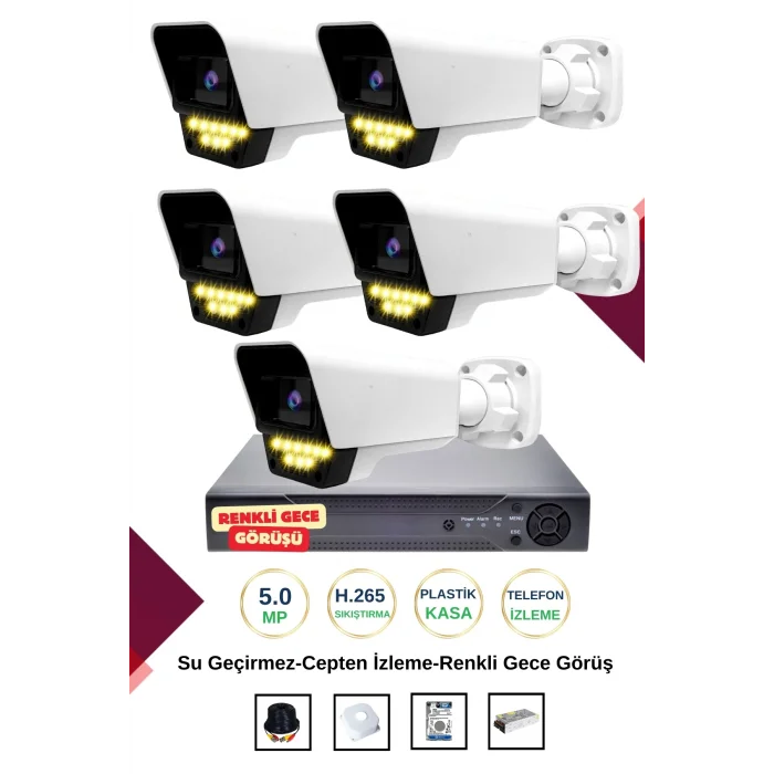İrtech-5 Kameralı Güvenlik Kamera Seti Gece Renkli Görüşlü-Su Geçirmez-Tak Çalıştır G07