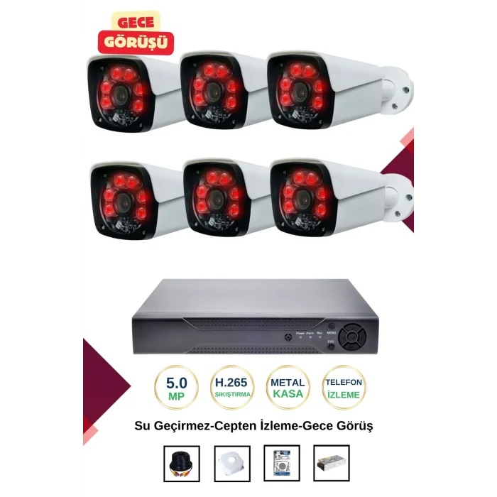 İrtech-6 Kameralı Güvenlik Kamera Seti Metal-Gece Görüşlü-Su Geçirmez-Tak Çalıştır G08