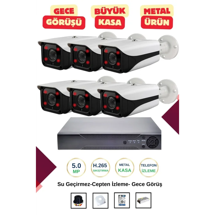 İrtech-6 Kameralı Güvenlik Kamera Seti Metal-Gece Görüşlü-Su Geçirmez-Tak Çalıştır G09