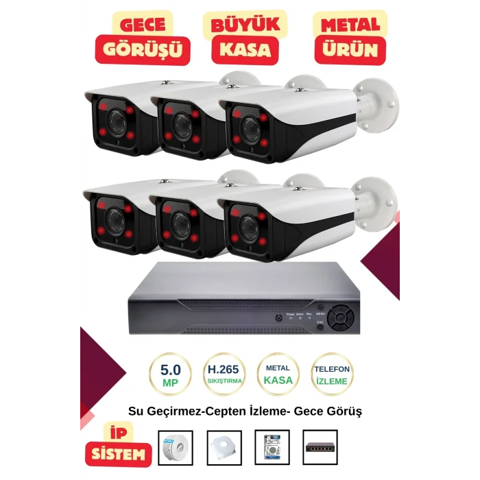 İrtech-6 Kameralı İp Güvenlik Kamera Seti Metal-Gece Görüşlü-Su Geçirmez-Tak Çalıştır G10