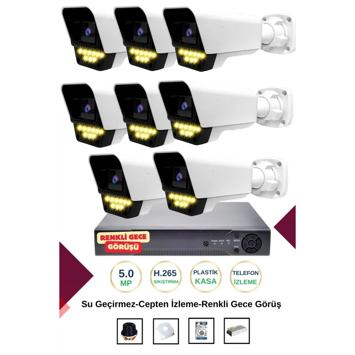 İrtech- 8 Kameralı Güvenlik Kamera Seti Gece Renkli Görüşlü-Su Geçirmez-Tak Çalıştır G07