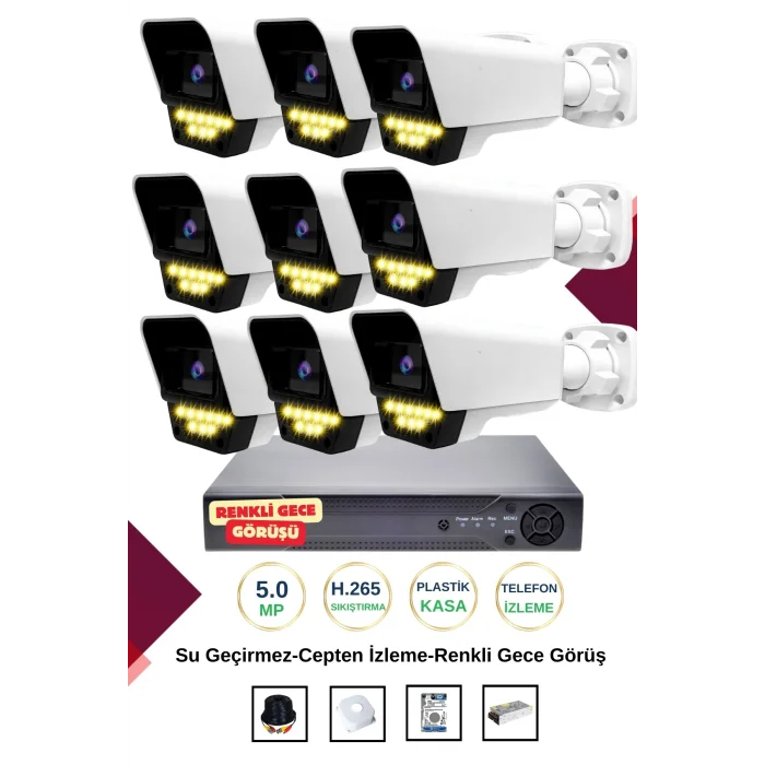 İrtech- 9 Kameralı Güvenlik Kamera Seti Gece Renkli Görüşlü-Su Geçirmez-Tak Çalıştır G07