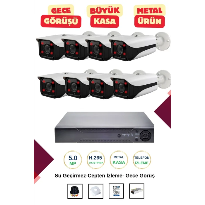 İrtech-8 Kameralı Güvenlik Kamera Seti Metal-Gece Görüşlü-Su Geçirmez-Tak Çalıştır G09