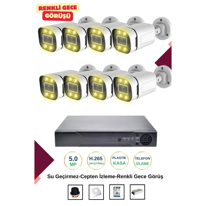 İrtech 8 Kameralı Güvenlik Kamera Seti -Renkli Gece Görüşlü-Su Geçirmez-Tak Çalıştır G12
