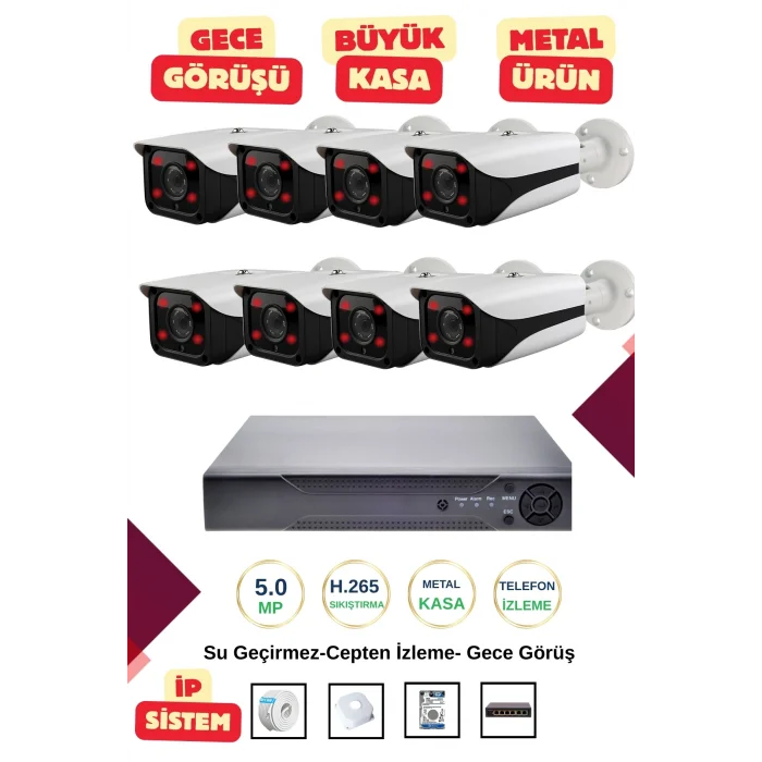 İrtech-8 Kameralı İp Güvenlik Kamera Seti Metal-Gece Görüşlü-Su Geçirmez-Tak Çalıştır G10