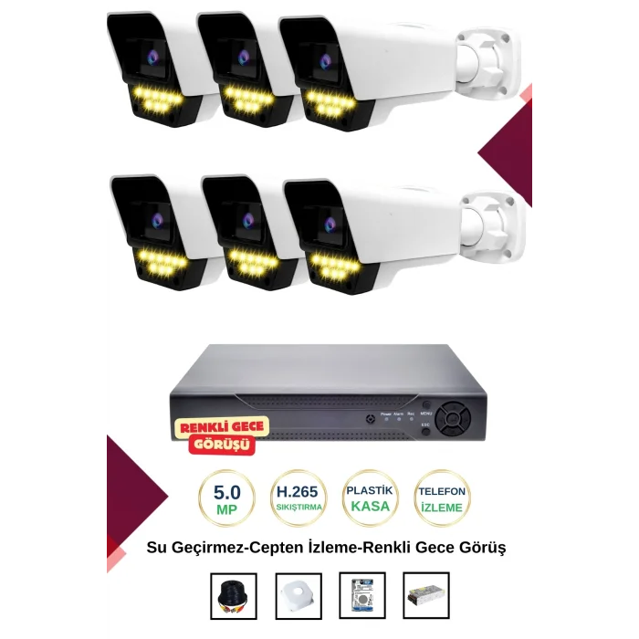 İrtech- 6 Kameralı Güvenlik Kamera Seti Gece Renkli Görüşlü-Su Geçirmez-Tak Çalıştır G07