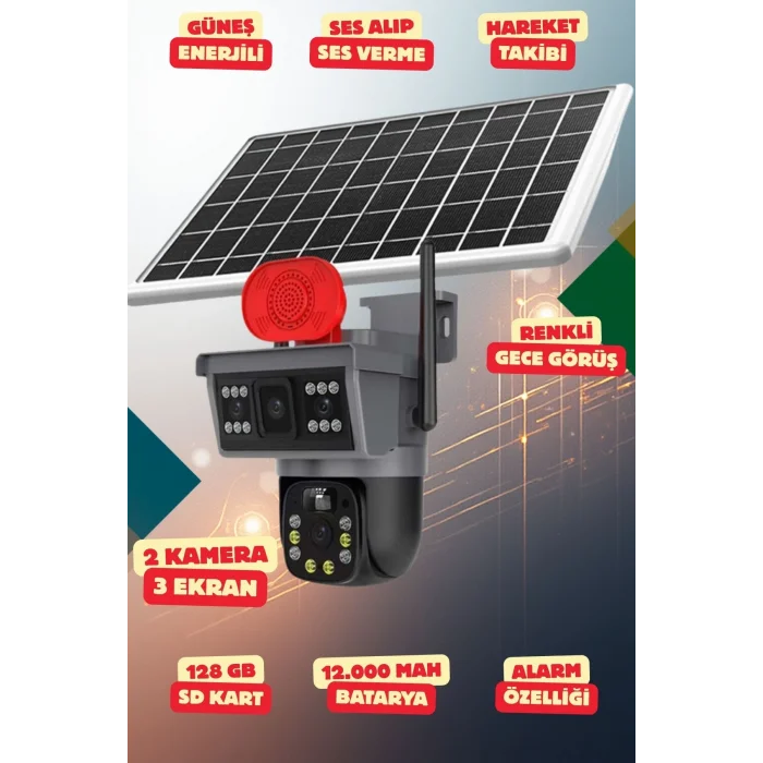 Yapay Zeka 4K SimKartlı Güneş Enerjili 2 Kameralı 3 Ekranlı Güvenlik Kamerası Renkli Gece Görüş Sesli 360 Derece W08