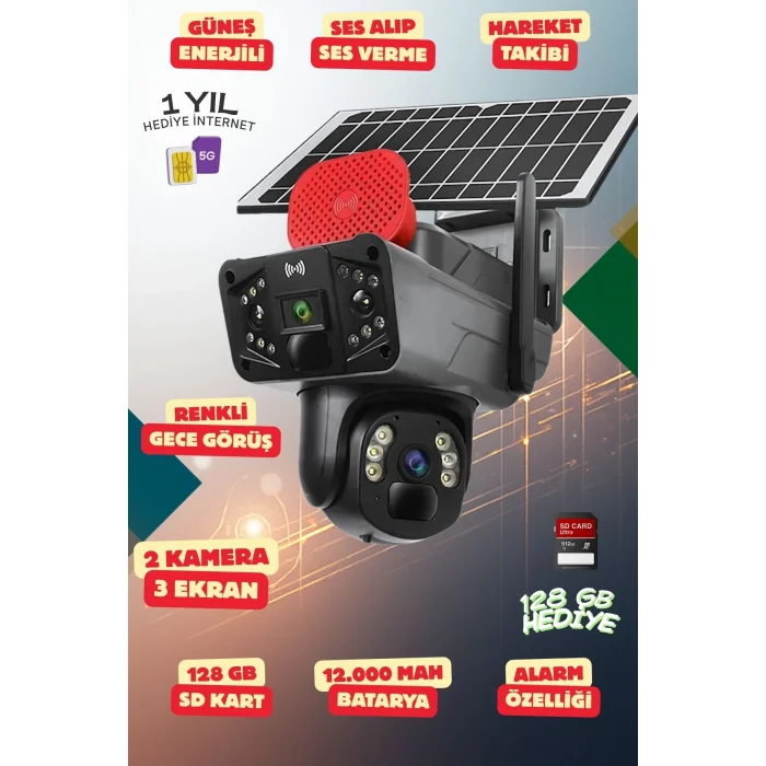 Yapay Zeka 4K SimKartlı Güneş Enerjili 2 Kameralı 3 Ekranlı Güvenlik Kamerası Renkli Gece Görüş Sesli 360 Derece W11