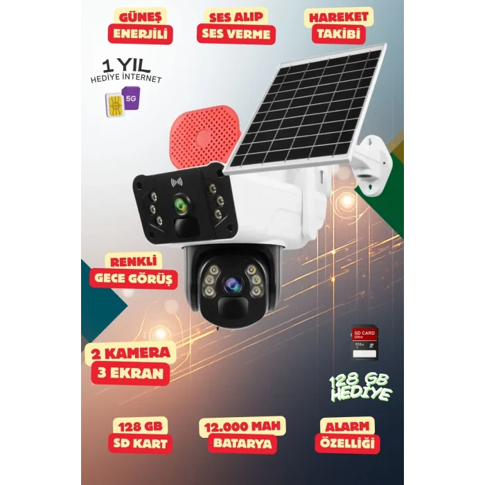 Yapay Zeka 4K SimKartlı Güneş Enerjili 2 Kameralı 3 Ekranlı Güvenlik Kamerası Renkli Gece Görüş Sesli 360 Derece W12