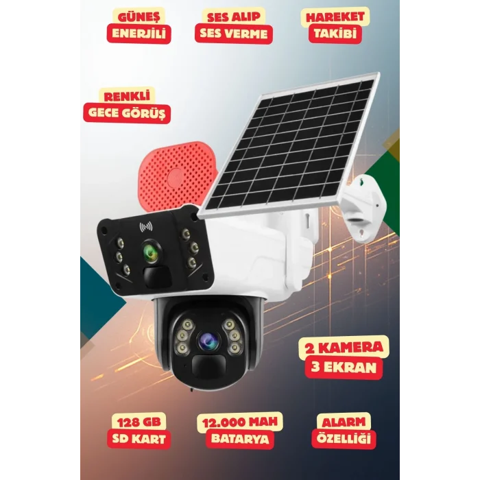 Yapay Zeka 4K SimKartlı Güneş Enerjili 2 Kameralı 3 Ekranlı Güvenlik Kamerası Renkli Gece Görüş Sesli 360 Derece W13