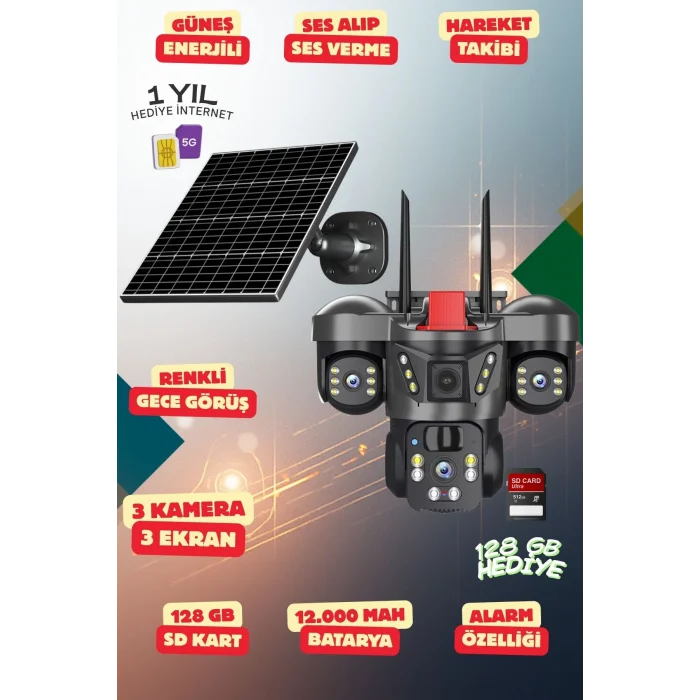 Yapay Zeka 4K SimKartlı Güneş Enerjili 3 Kameralı 3 Ekranlı Güvenlik Kamerası Renkli Gece Görüş Sesli 360 Derece W09