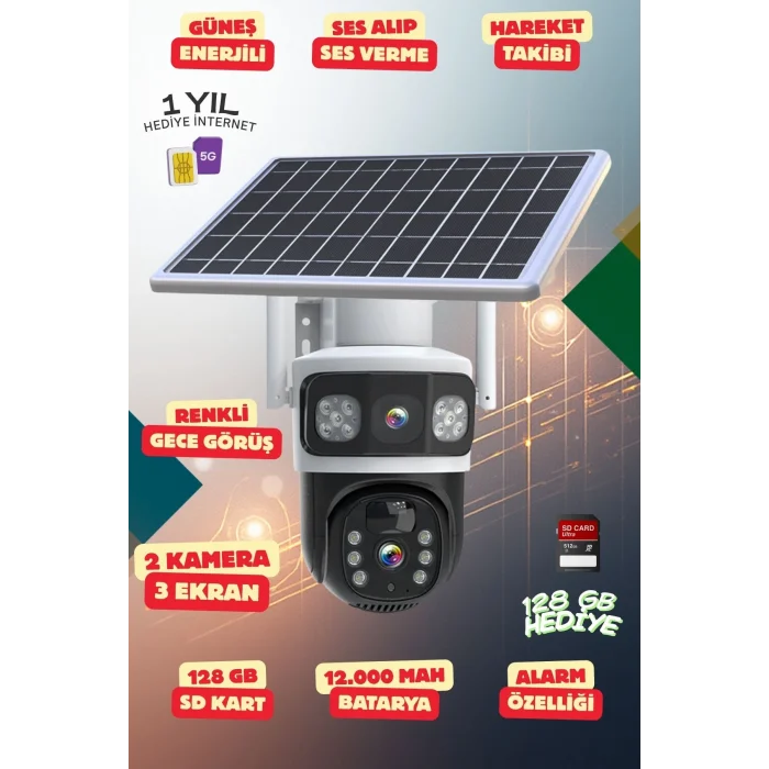 Yapay Zeka 4K SimKartlı Güneş Enerjili 2 Kameralı 3 Ekranlı Güvenlik Kamerası Renkli Gece Görüş Sesli 360 Derece W10 AOV