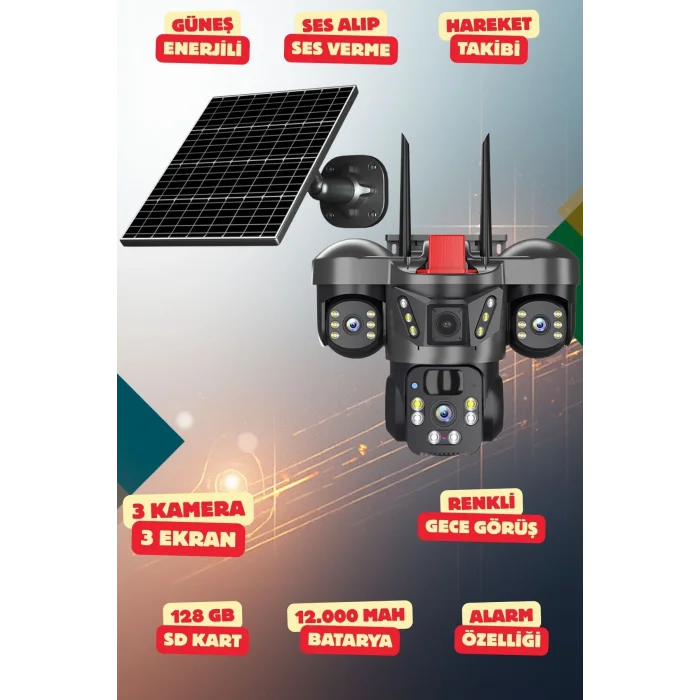 Yapay Zeka 4K SimKartlı Güneş Enerjili 3 Kameralı 3 Ekranlı Güvenlik Kamerası Renkli Gece Görüş Sesli 360 Derece W10
