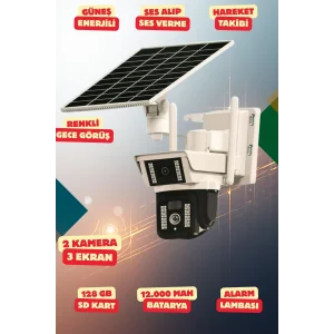 4K SimKartlı Güneş Enerjili 3 Kameralı Güvenlik Kamerası Renkli Gece Görüş Sesli 360 Derece W06