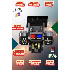 4K SimKartlı Güneş Enerjili 4 Kameralı Güvenlik Kamerası Renkli Gece Görüş Sesli 360 Derece W07