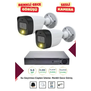 İrtech-2 Kameralı Güvenlik Kamera Seti Gece Renkli Görüşlü-Sesli-Su Geçirmez-Tak Çalıştır G06