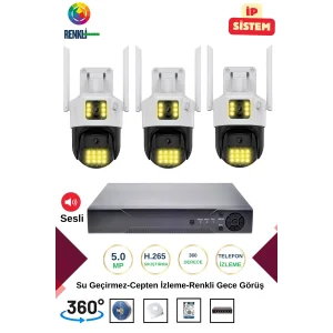 İrtech-3 Kameralı 360 Derece Sesli İp Güvenlik Kamera Seti Renkli Gece Görüş-Su Geçirmez GK01