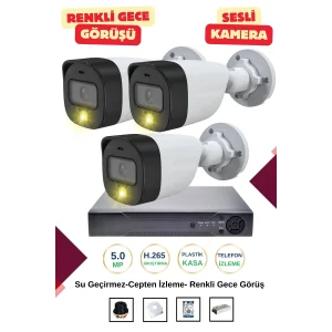 İrtech-3 Kameralı Güvenlik Kamera Seti Gece Renkli Görüşlü-Sesli-Su Geçirmez-Tak Çalıştır G06