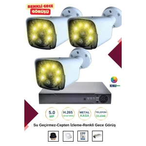 İrtech-3 Kameralı Güvenlik Kamera Seti Metal-Renkli Gece Görüşlü-Su Geçirmez-Tak Çalıştır G11