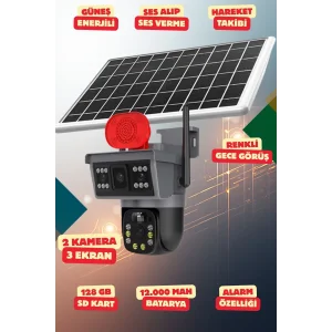 Yapay Zeka 4K SimKartlı Güneş Enerjili 2 Kameralı 3 Ekranlı Güvenlik Kamerası Renkli Gece Görüş Sesli 360 Derece W08