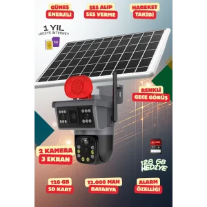 Yapay Zeka 4K SimKartlı Güneş Enerjili 2  Kameralı  3 Ekranlı Güvenlik Kamerası Renkli Gece Görüş Sesli 360 Derece W08