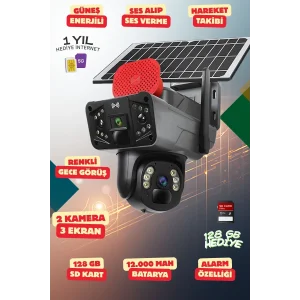 Yapay Zeka 4K SimKartlı Güneş Enerjili 2 Kameralı 3 Ekranlı Güvenlik Kamerası Renkli Gece Görüş Sesli 360 Derece W11