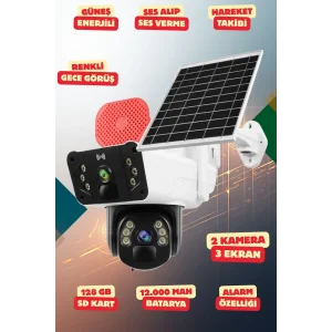 Yapay Zeka 4K SimKartlı Güneş Enerjili 2 Kameralı 3 Ekranlı Güvenlik Kamerası Renkli Gece Görüş Sesli 360 Derece W13