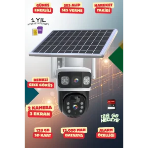 Yapay Zeka 4K SimKartlı Güneş Enerjili 2 Kameralı 3 Ekranlı Güvenlik Kamerası Renkli Gece Görüş Sesli 360 Derece W10 AOV