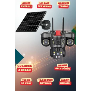 Yapay Zeka 4K SimKartlı Güneş Enerjili 3 Kameralı 3 Ekranlı Güvenlik Kamerası Renkli Gece Görüş Sesli 360 Derece W10