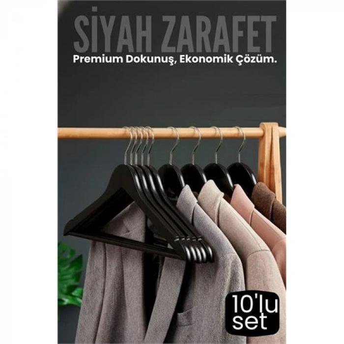 Nevamel® 10lu Lüks Siyah Elbise Ceket Askısı - Ergonomik & Kaymaz Plastik Askı Seti -  Ahşap Görünümlü