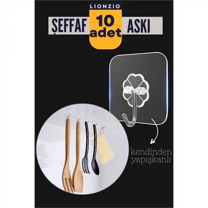 Nevamel® 10lu Şeffaf Kendinden Yapışkanlı Güçlü Askı Kancası Banyo Mutfak Organizer İz Bırakmaz Pratik Askı