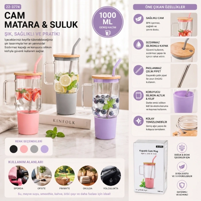Nevamel® 1000 ml Cam Matara Kupa Bardak - Bambu Kapaklı - Silikon Kılıflı - Çelik Pipetli