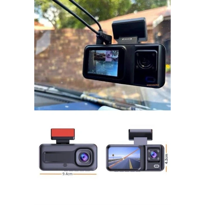Nevamel 1080P 3 Lensli WİFİ Araç İçi Kameralı Ekran DVR Kaydedici Gece Görüşlü