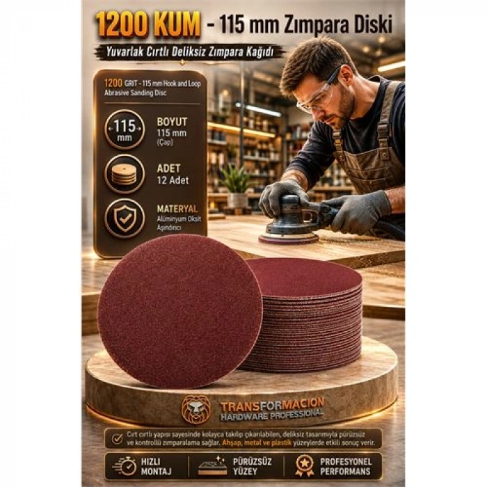 Nevamel® 12 ADET 1200 KUM Yuvarlak Cırtlı Zımpara Diski 115 mm Deliksiz Zımpara Kağıdı 723225