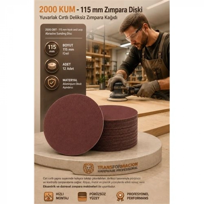 Nevamel® 12 ADET 2000 KUM Yuvarlak Cırtlı Zımpara Diski 115 mm Deliksiz Zımpara Kağıdı 723227